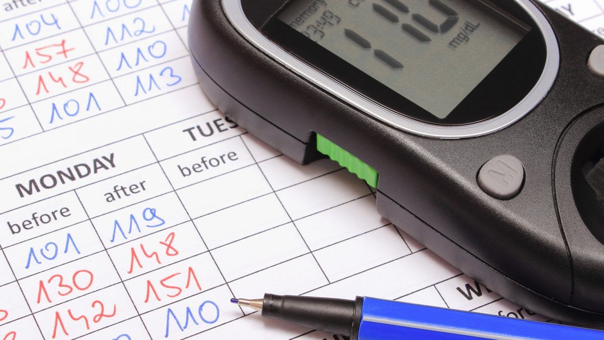 glucometer with sugar level on medical forms for diabetes