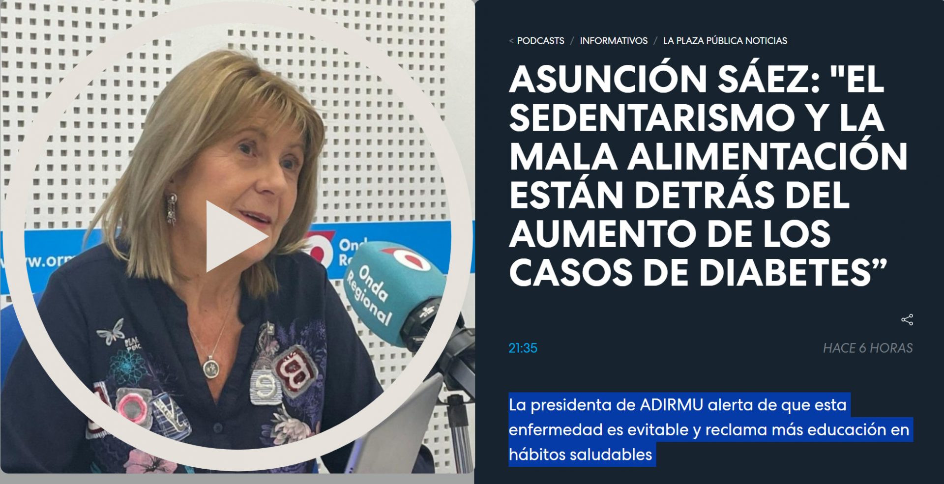 Asunción Sáez, presidenta de ADIRMU interviene en Onda Regional de Murcia para dar visibilidad al Día Mundial de la Diabetes